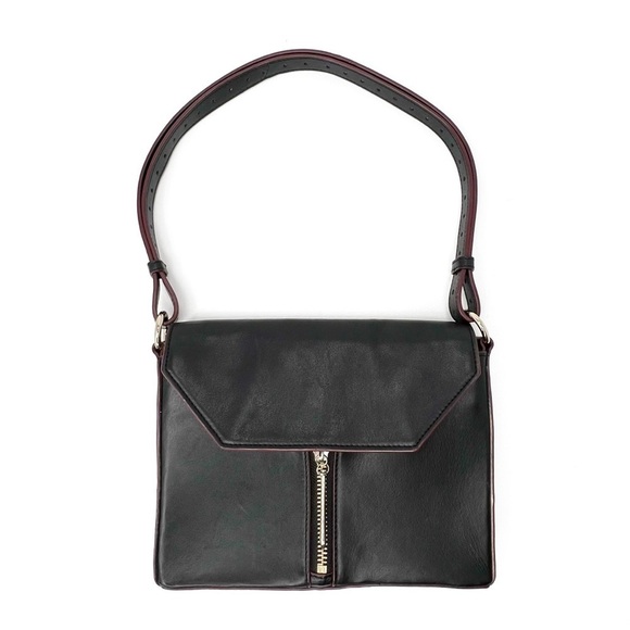 Pour La Victoire Slim Profile Shoulder Bag Black Leather Cherry Edging Flap Top - Picture 11 of 11